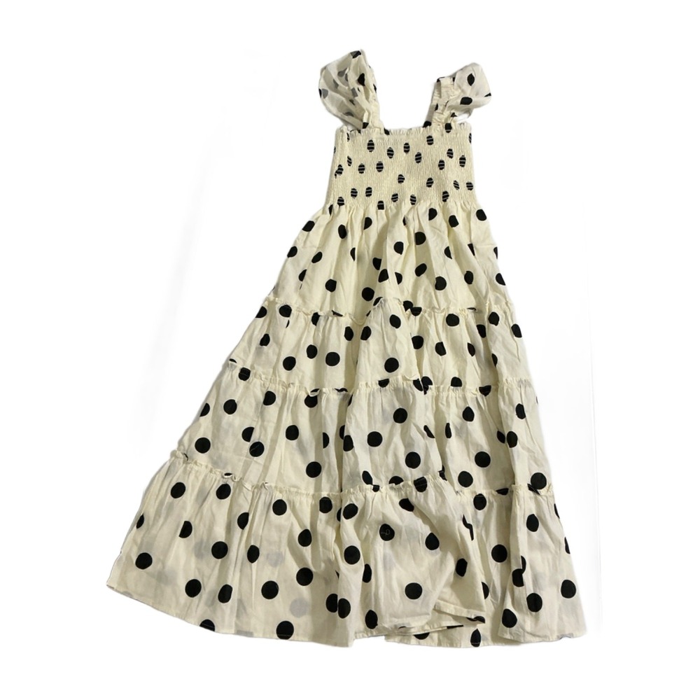 Few Moda New York Calypso Dress L Off-White Black Polka Dot Smocked Tiered Maxi